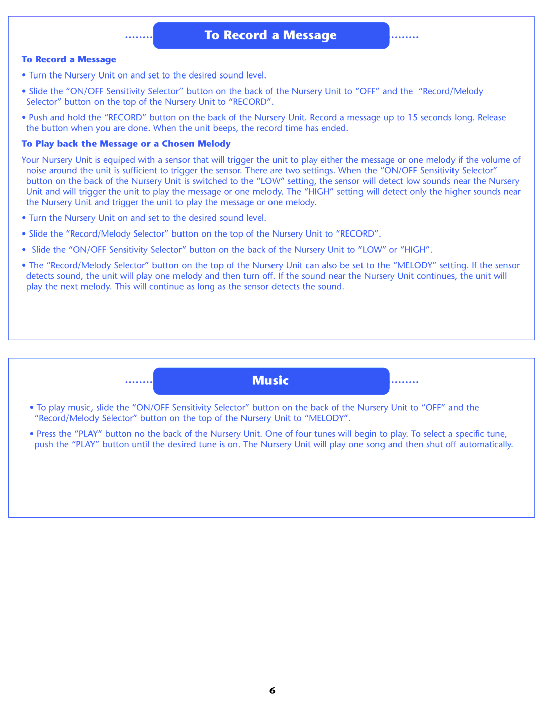 Graco 2M06 manual To Record a Message, Music, To Play back the Message or a Chosen Melody 