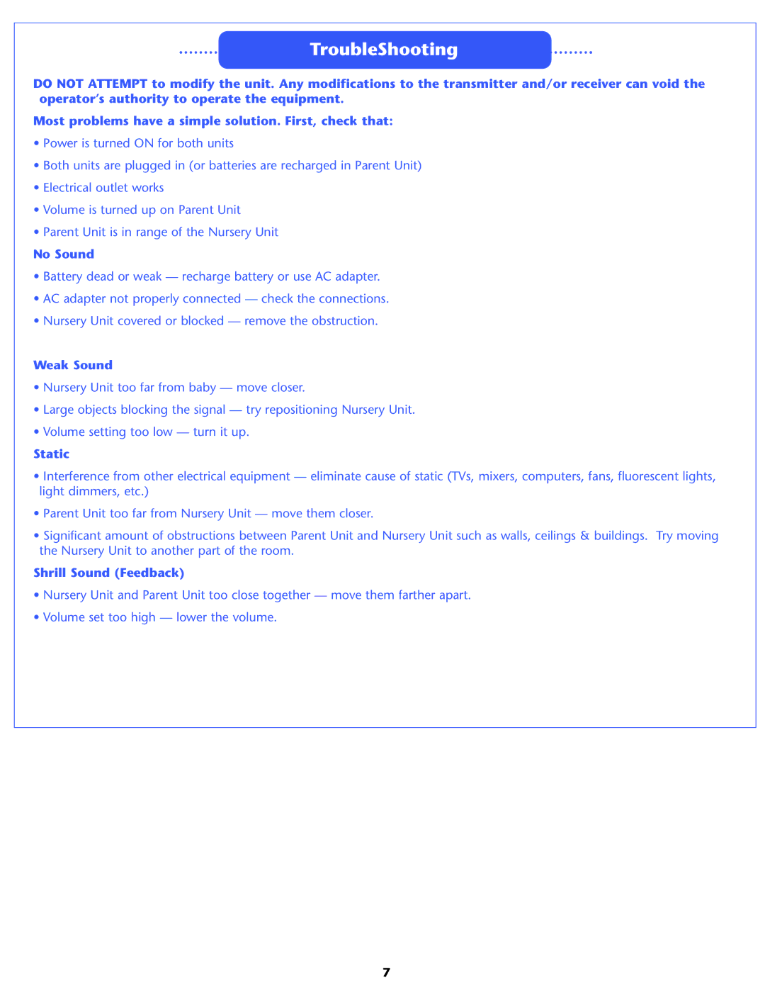 Graco 2M06 manual TroubleShooting, No Sound, Weak Sound, Static, Shrill Sound Feedback 