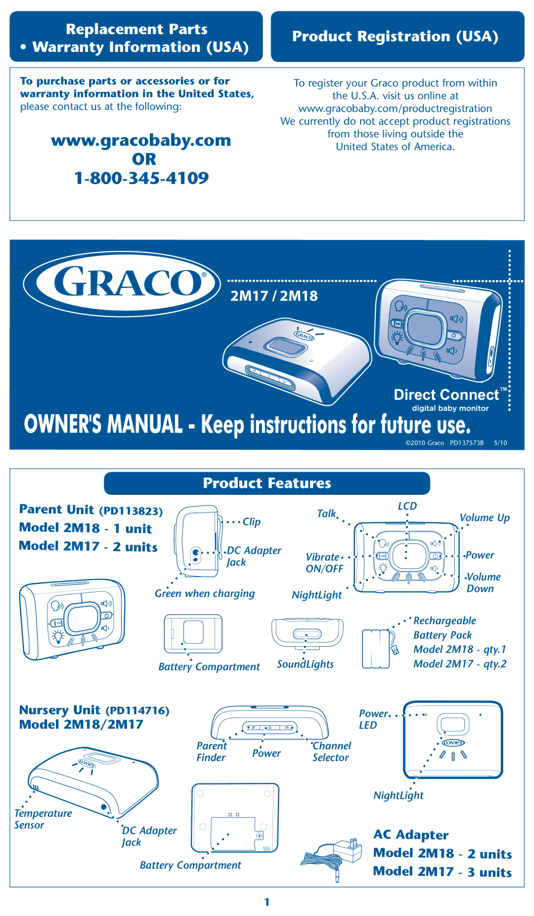 Graco 2M17, 2M18 warranty Replacement Parts Warranty Information USA, Product Registration USA 