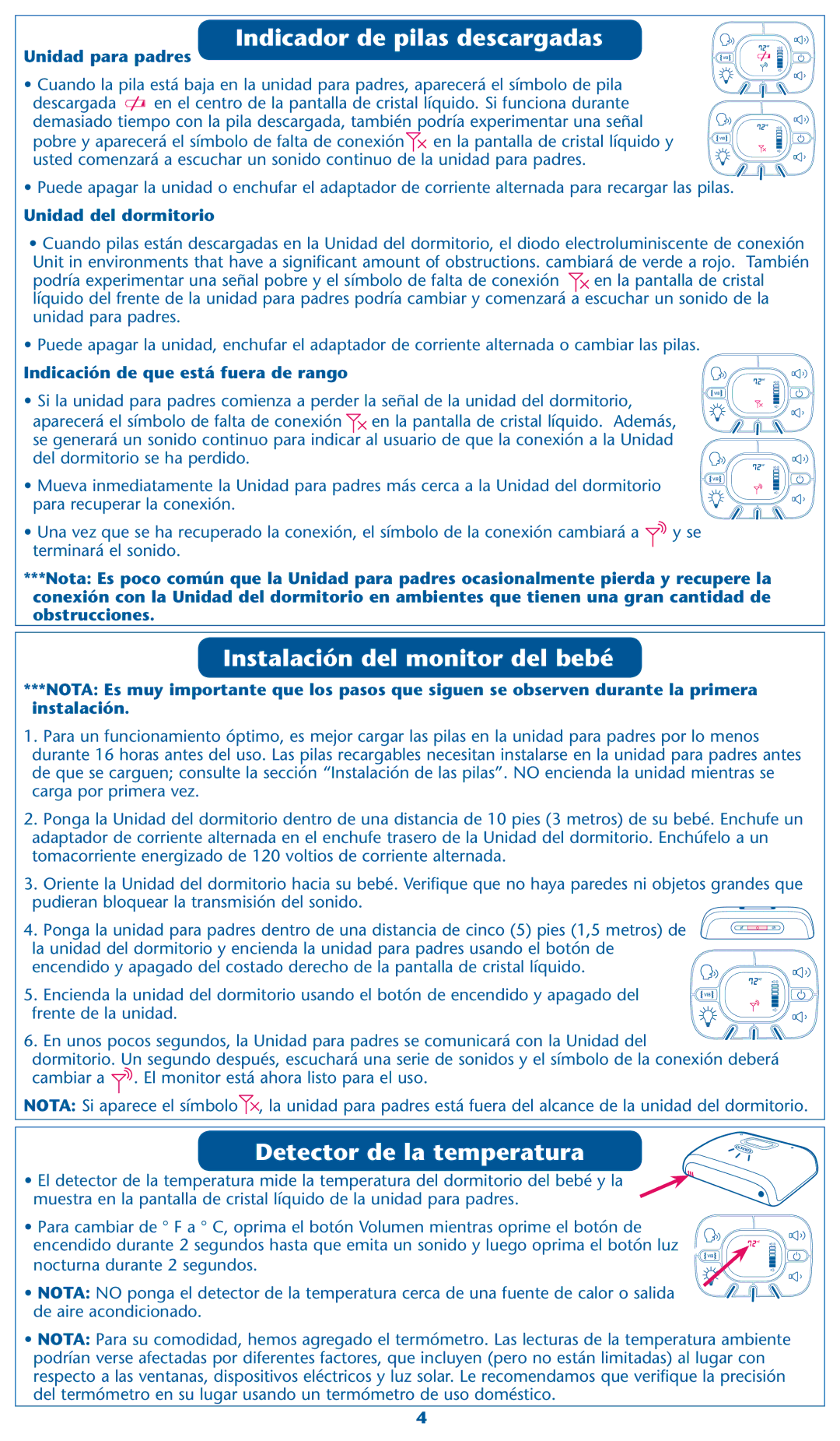 Graco 2M18, 2M17 warranty Indicador de pilas descargadas, Instalación del monitor del bebé, Detector de la temperatura 