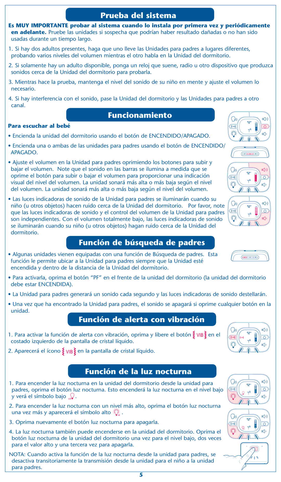 Graco 2M17, 2M18 warranty Prueba del sistema, Funcionamiento, Función de búsqueda de padres, Función de alerta con vibración 