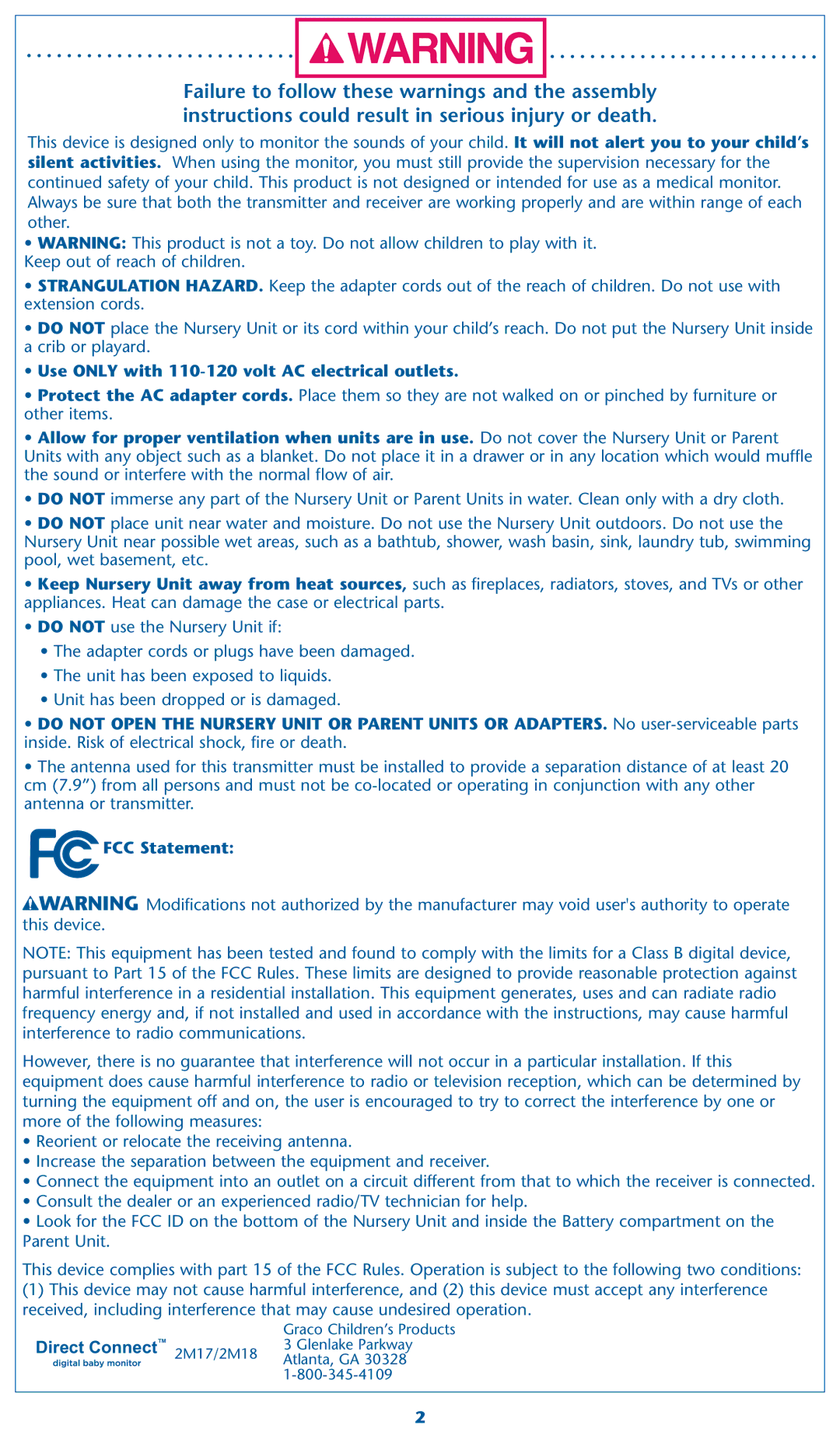 Graco 2M18, 2M17 warranty Use only with 110-120 volt AC electrical outlets, FCC Statement 