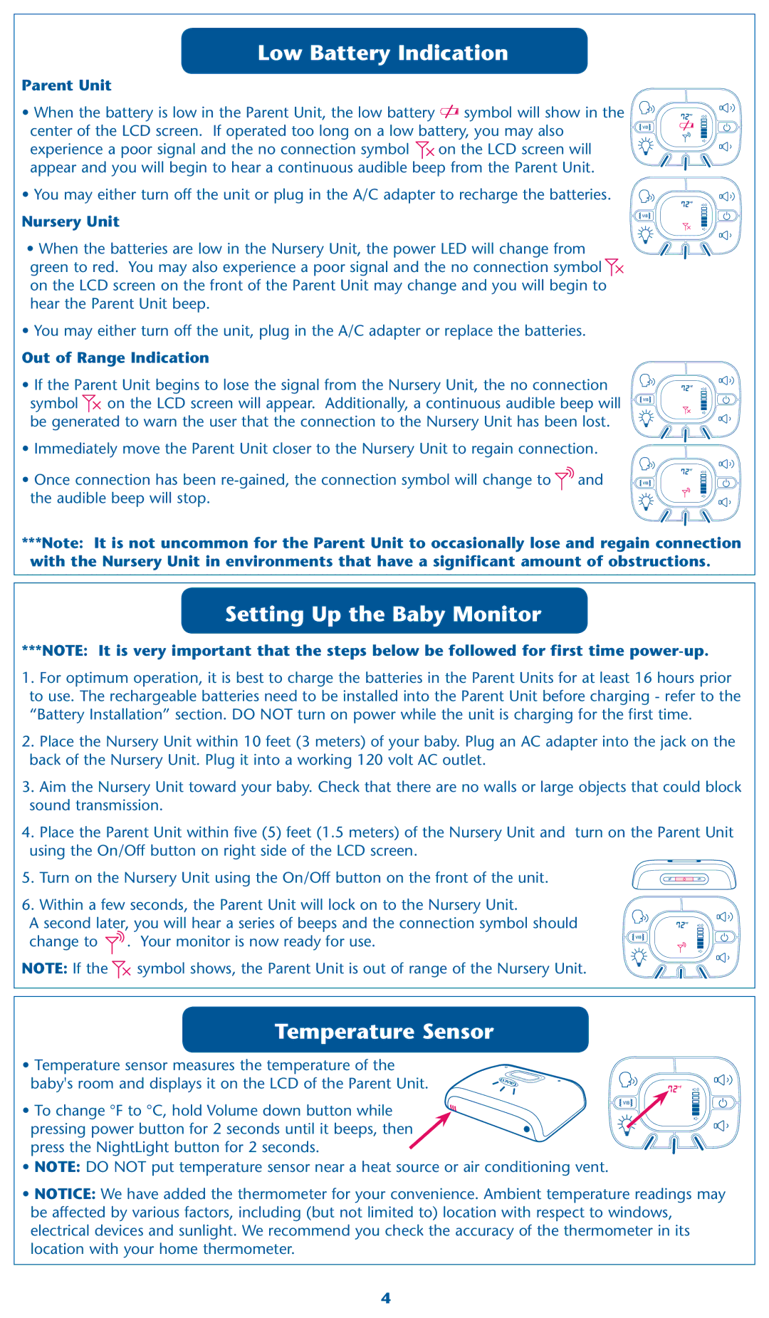 Graco 2M18, 2M17 warranty Low Battery Indication, Setting Up the Baby Monitor, Temperature Sensor, Out of Range Indication 