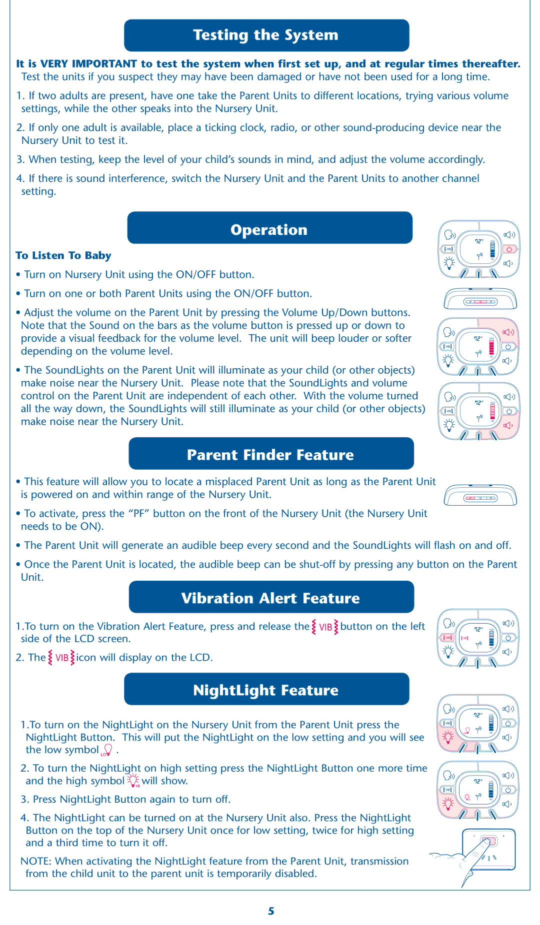 Graco 2M17, 2M18 warranty Testing the System, Operation, Parent Finder Feature, Vibration Alert Feature, NightLight Feature 