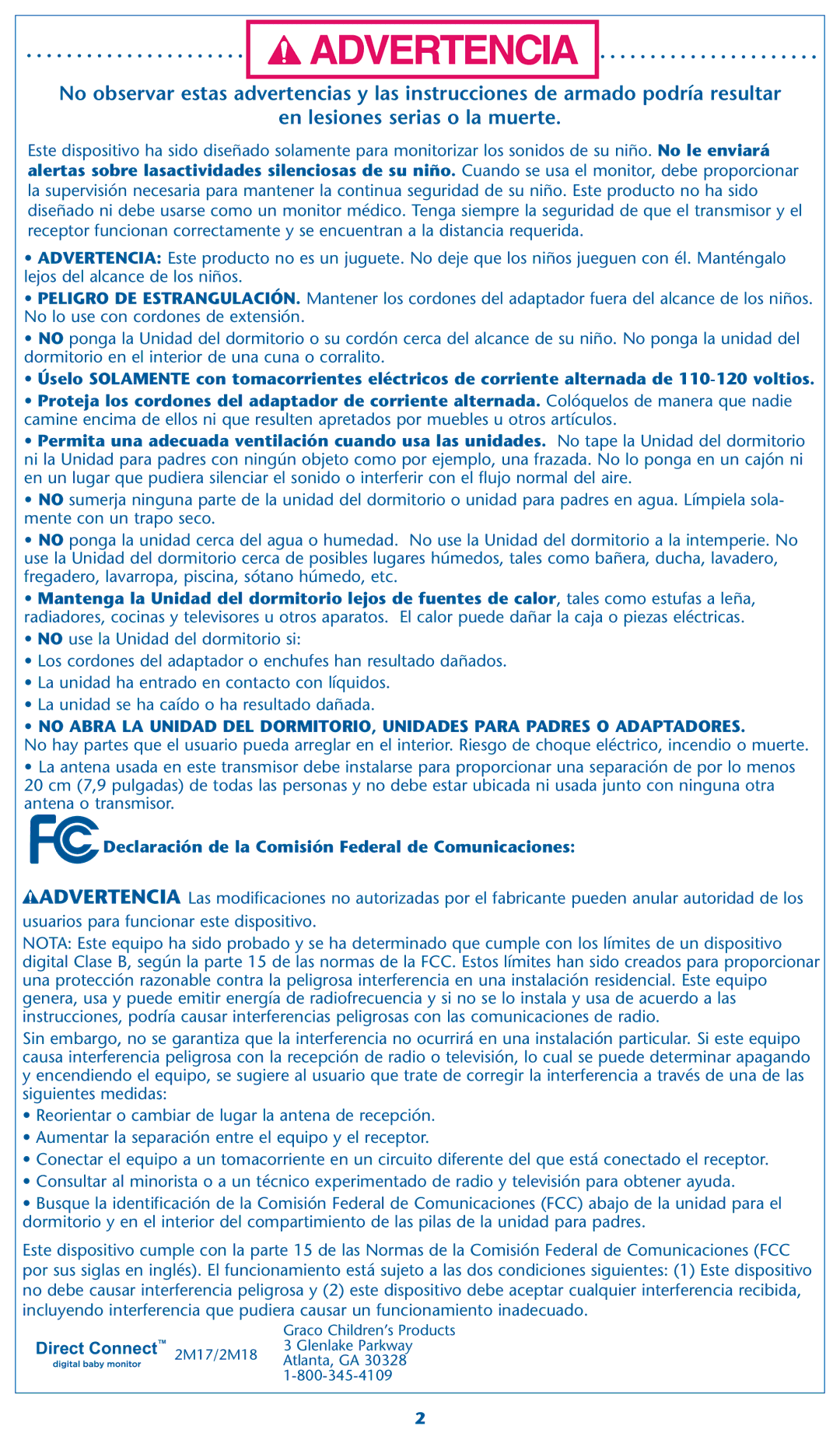 Graco 2M18, 2M17 warranty Declaración de la Comisión Federal de Comunicaciones 