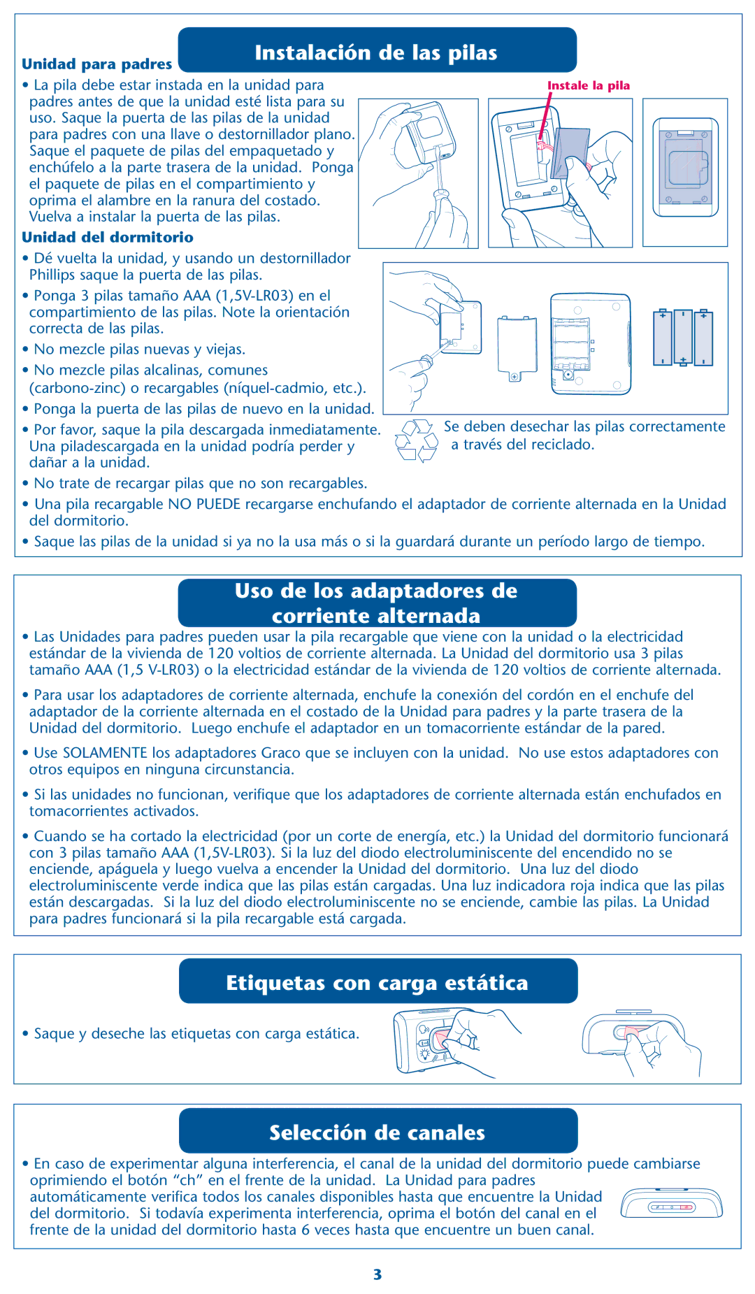 Graco 2M17, 2M18 Instalación de las pilas, Uso de los adaptadores de Corriente alternada, Etiquetas con carga estática 