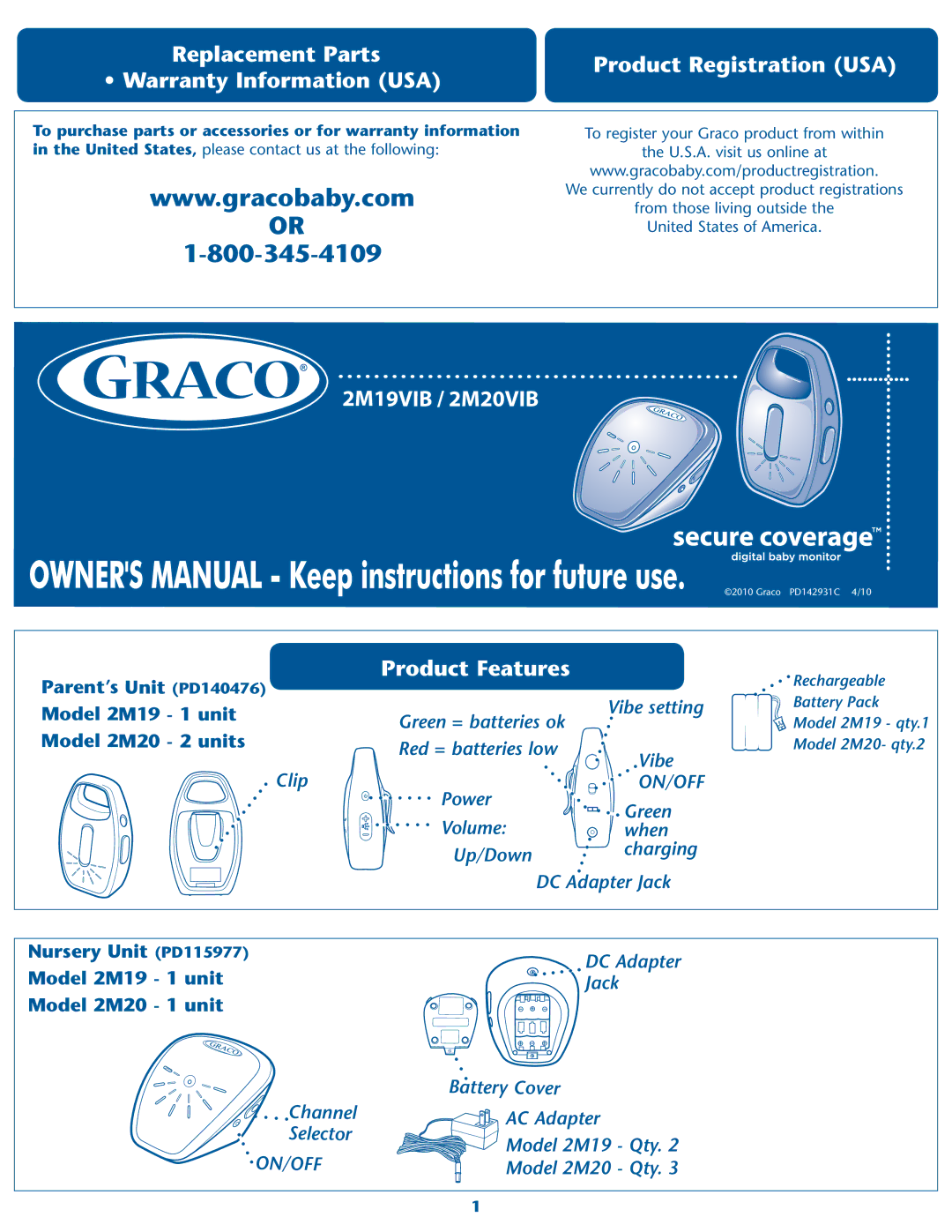 Graco warranty Replacement Parts Warranty Information USA, Product Registration USA, 2M19VIB / 2M20VIB 