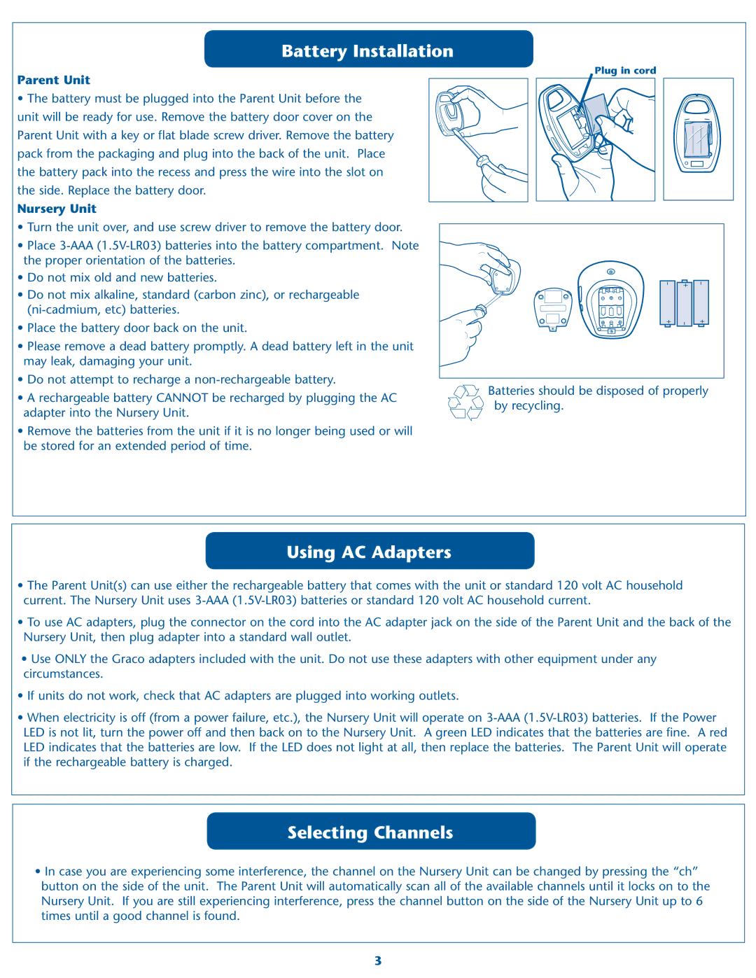 Graco 2M19, 2M20 warranty Battery Installation, Using AC Adapters, Selecting Channels, Parent Unit, Nursery Unit 