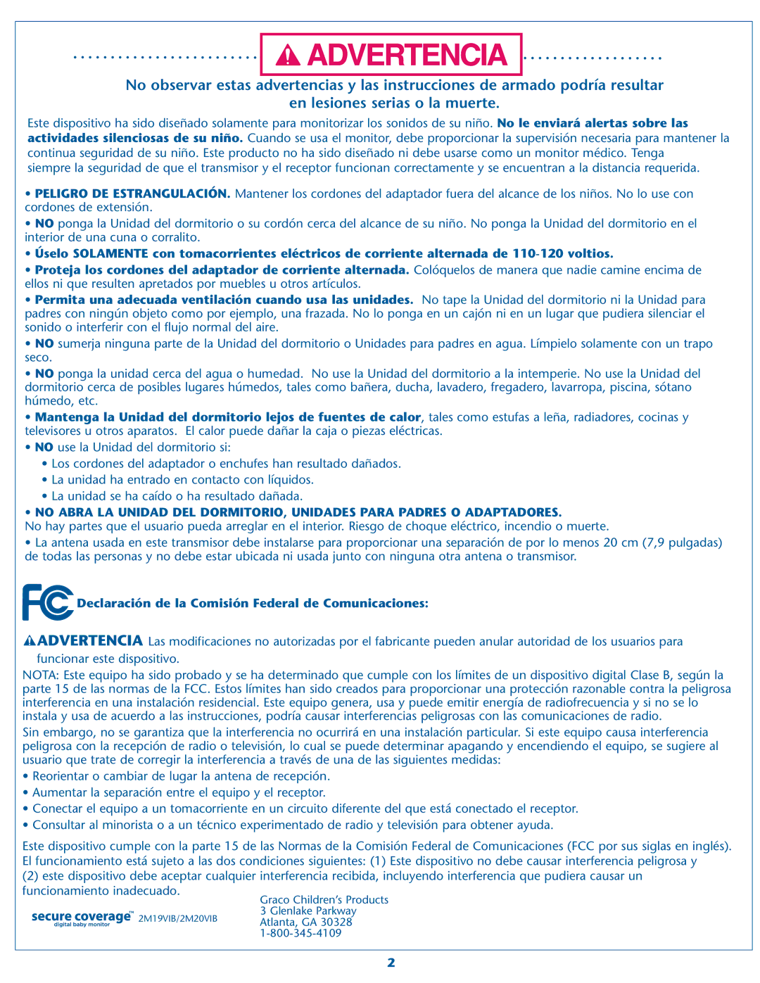 Graco 2M20, 2M19 warranty Declaración de la Comisión Federal de Comunicaciones 