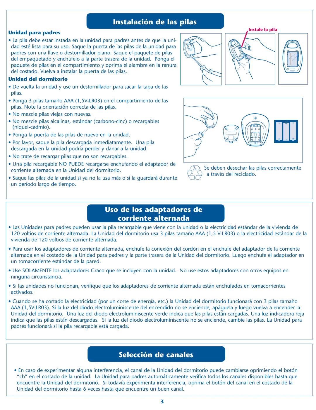 Graco 2M19, 2M20 warranty Instalación de las pilas, Uso de los adaptadores de Corriente alternada, Selección de canales 