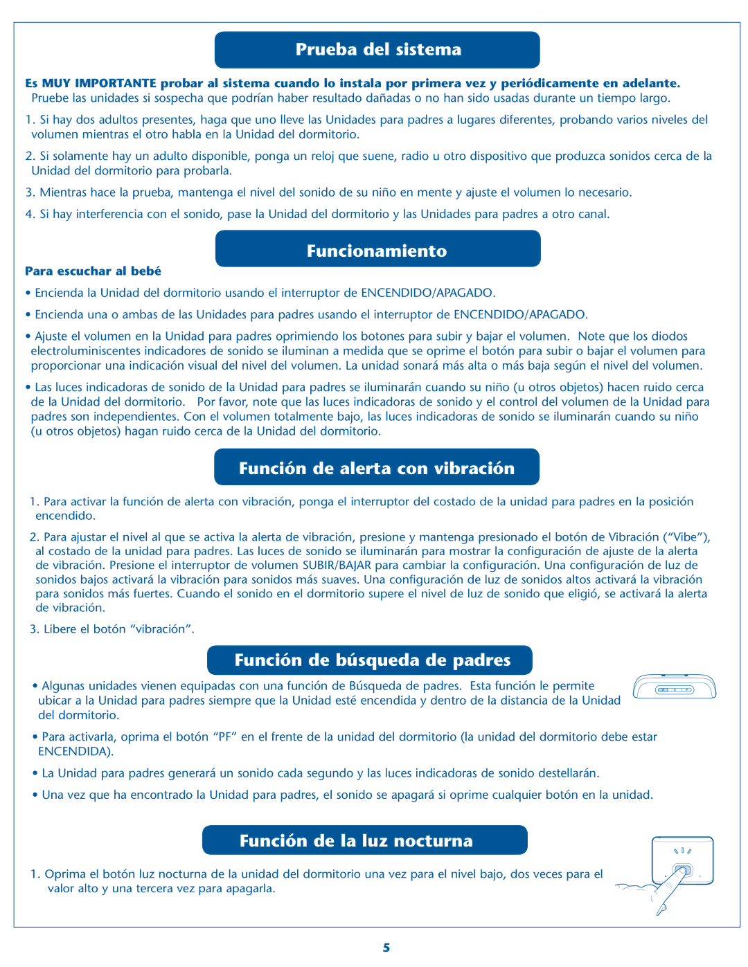 Graco 2M21VIB/2M22VIB Prueba del sistema, Funcionamiento, Unciøncde Alerta Conovibraciøn, Unciøncde Bþsqueda DE Padres 