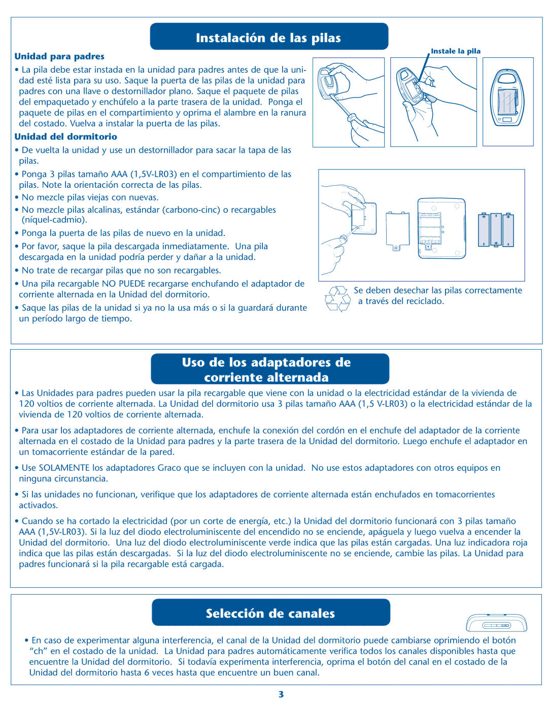 Graco 2M21VIB/2M22VIB warranty Nstalaciønlde Lasapilas, Uso de los adaptadores de Corriente alternada, 3ELECCIØNCDE Canales 