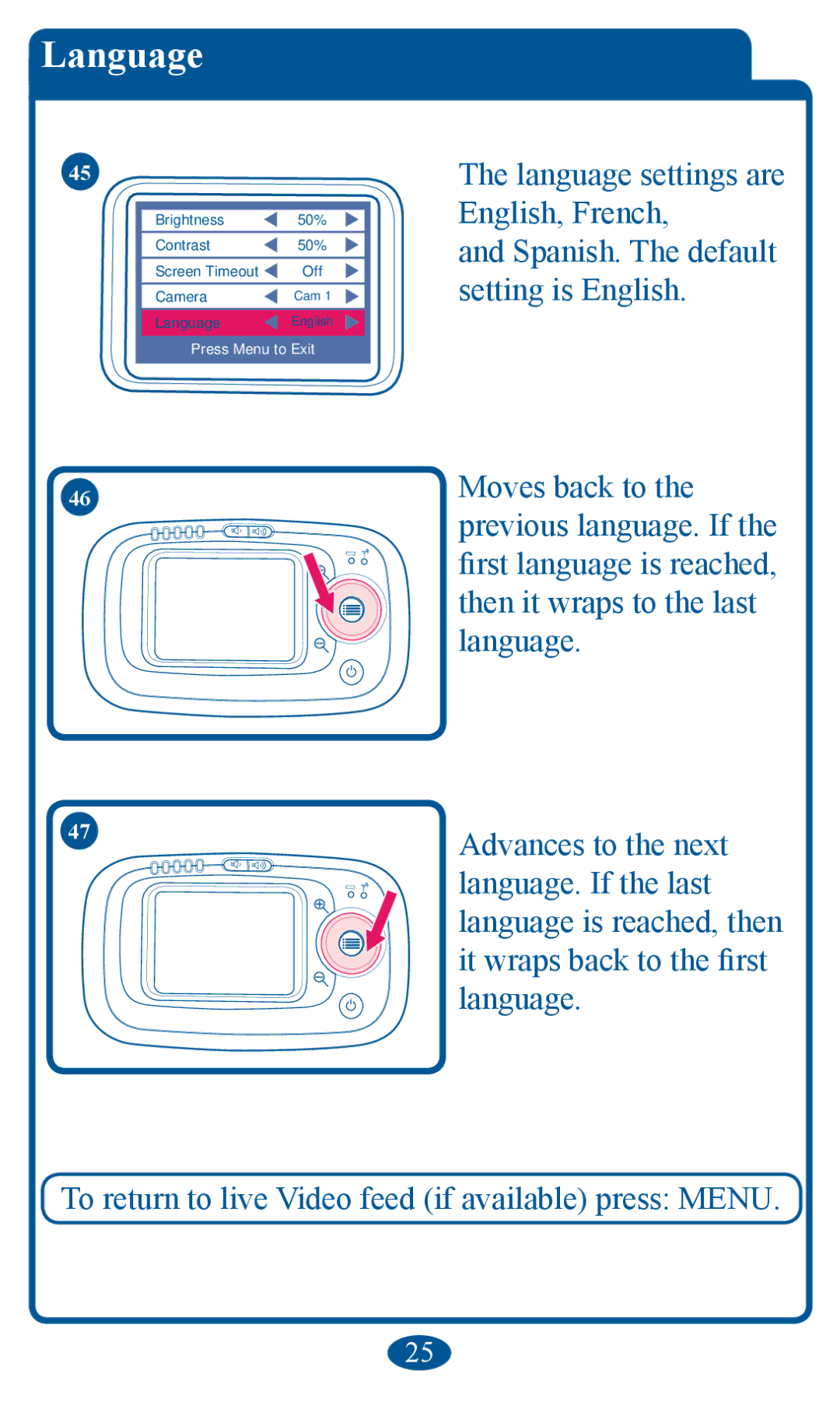 Graco 2V00 manual LDnJuDJe, 457KHODQJXDJHVHWWLQJVDUH QJOLVKUHQFK, Odqjxdjh 