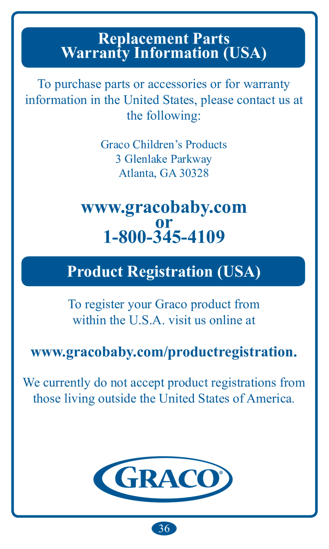 Graco 2V00 manual ReplDcement PDrtV WDrrDnty InformDtion USA, UDFR&KLOGUHQ¶V3URGXFWV 