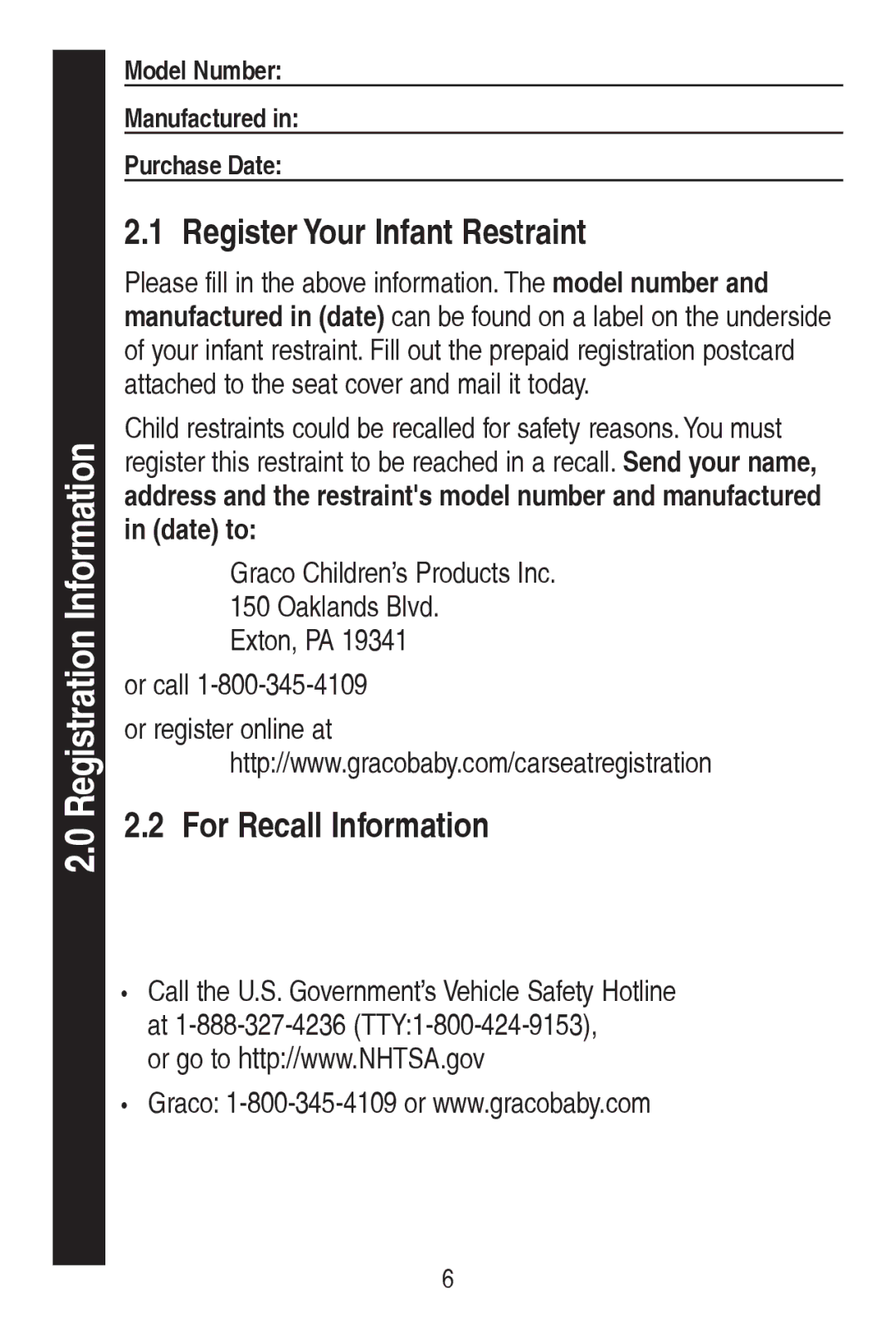 Graco 30, 1778253 manual RU5HFDOO,QIRUPDWLRQ,  *UDFR&KLOGUHQ¶V3URGXFWV,QF, RuUhjlvwhuRqolqhDw 