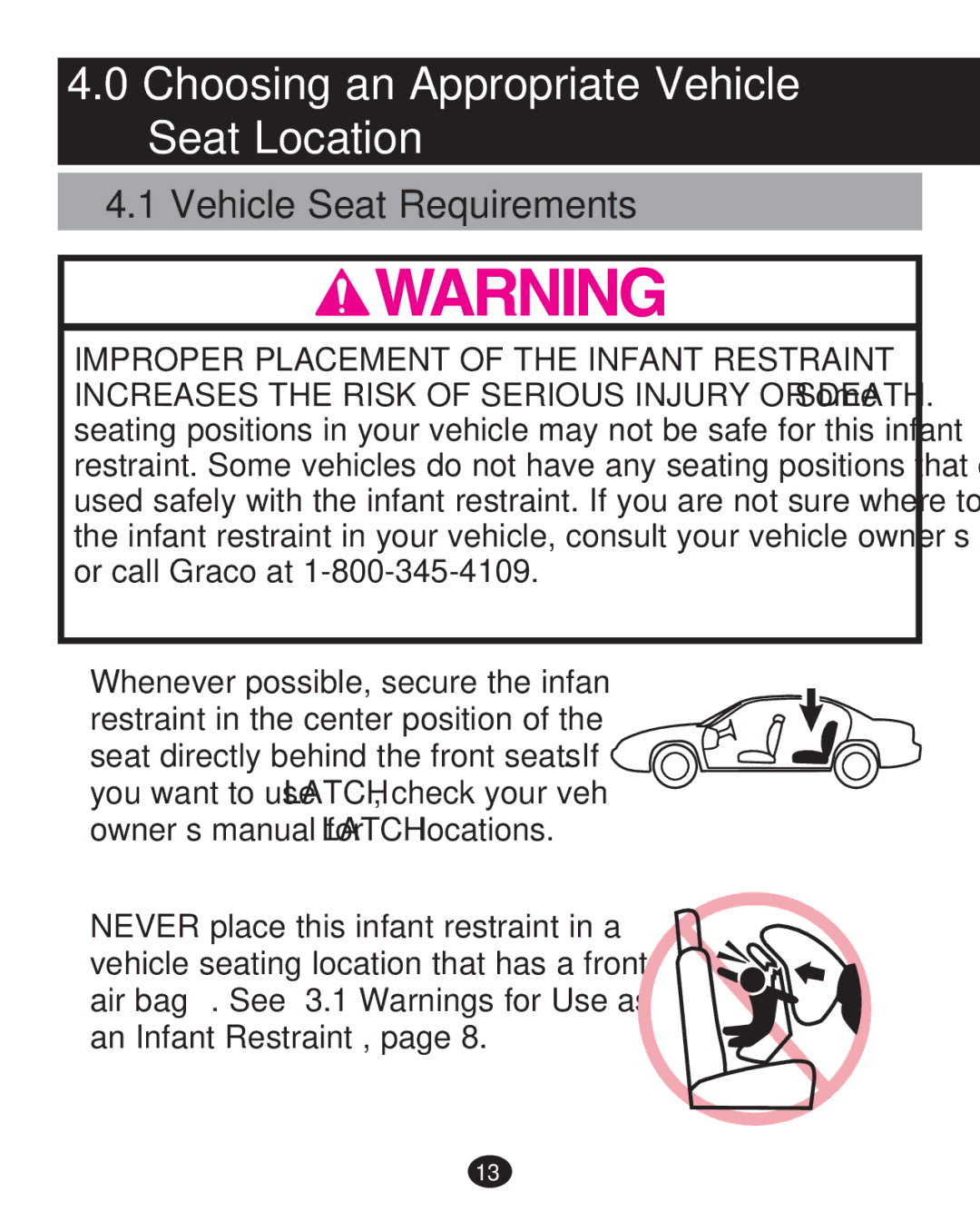 Graco 30 manual Choosing an Appropriate Vehicle Seat Location, Vehicle Seat Requirements 