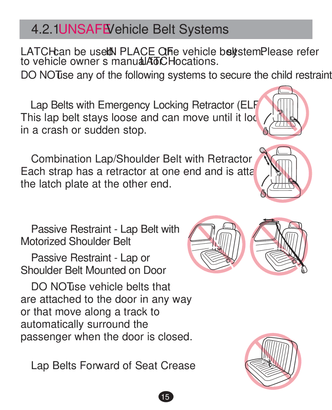 Graco 30 manual Unsafe Vehicle Belt Systems, ‡ Lap Belts Forward of Seat Crease 