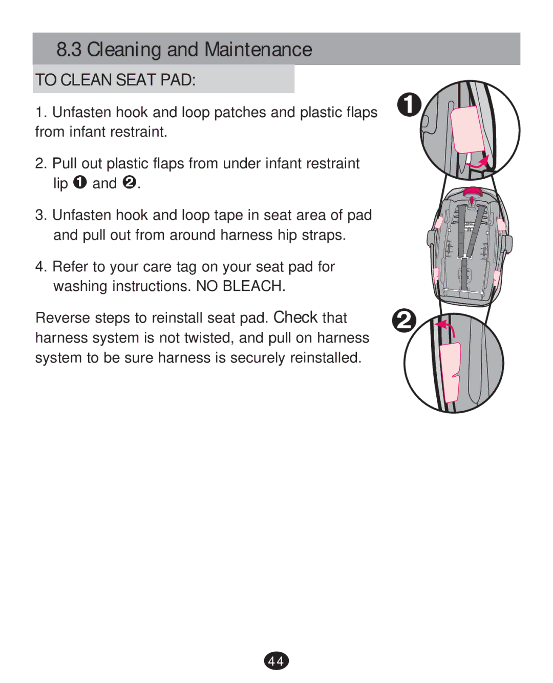 Graco 30 manual Cleaning and Maintenance, To Clean Seat PAD 