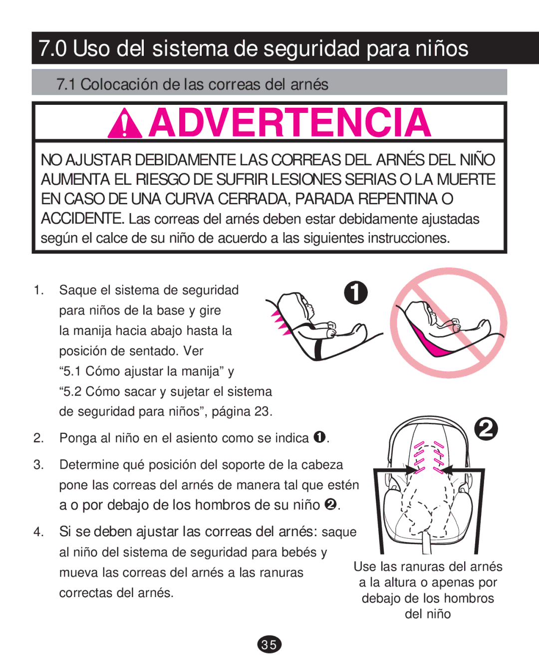 Graco 30 manual Uso del sistema de seguridad para niños, Colocación de las correas del arnés 