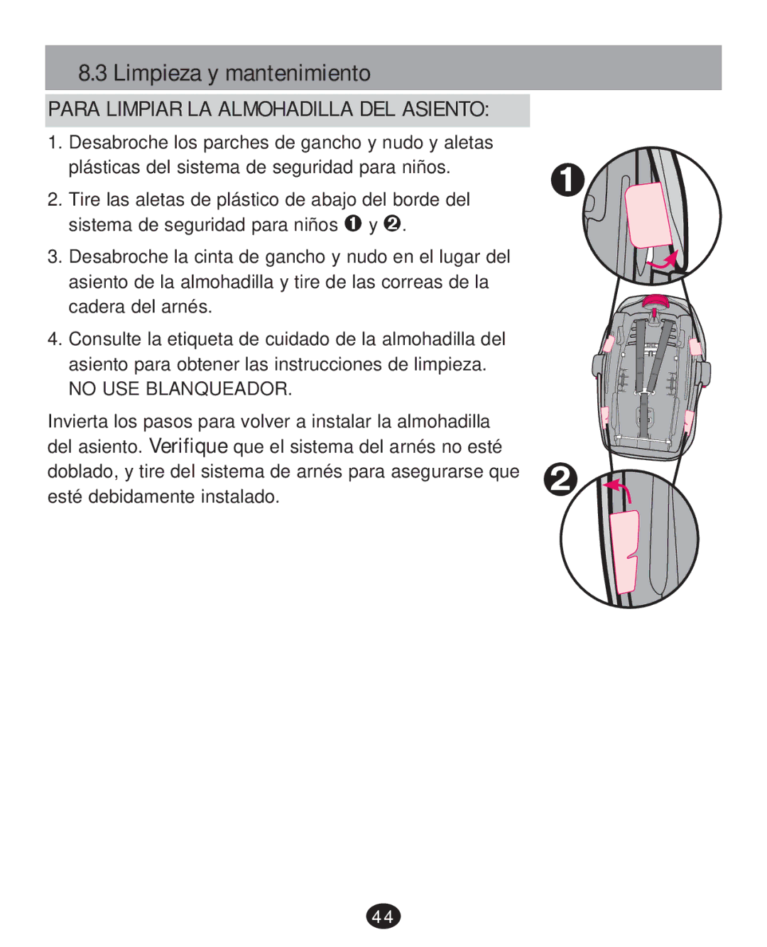 Graco 30 manual Limpieza y mantenimiento, Para Limpiar LA Almohadilla DEL Asiento 