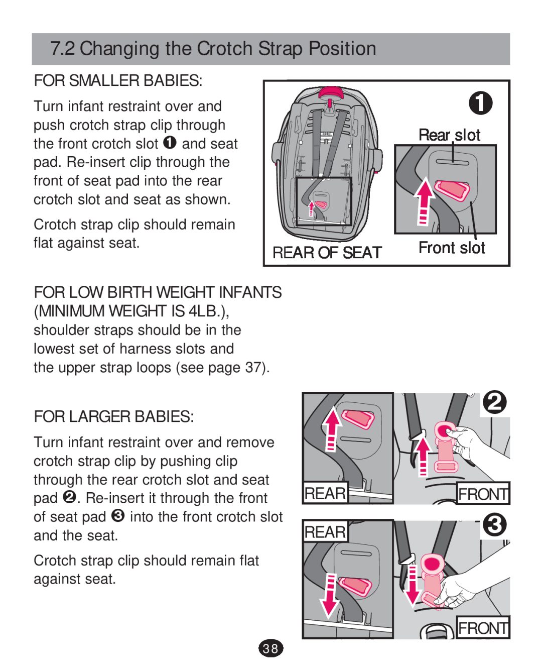Graco 30 Changing the Crotch Strap Position, For Smaller Babies, Rear slot, Rear Of Seat, Front slot, For Larger Babies 
