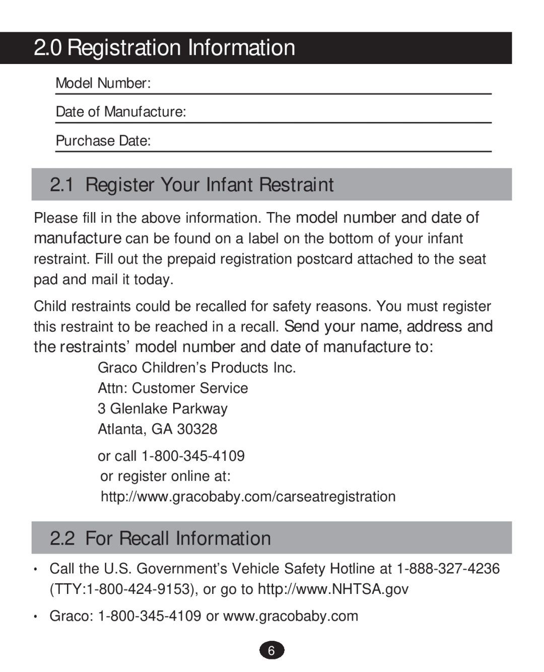 Graco 30 manual Registration Information, Register Your Infant Restraint, For Recall Information 