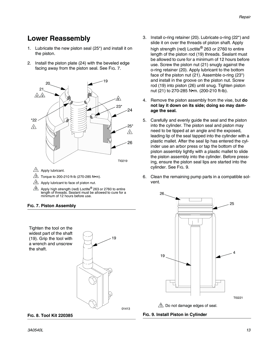 Graco 4000cc, 3000cc important safety instructions Lower Reassembly, Age the seal 