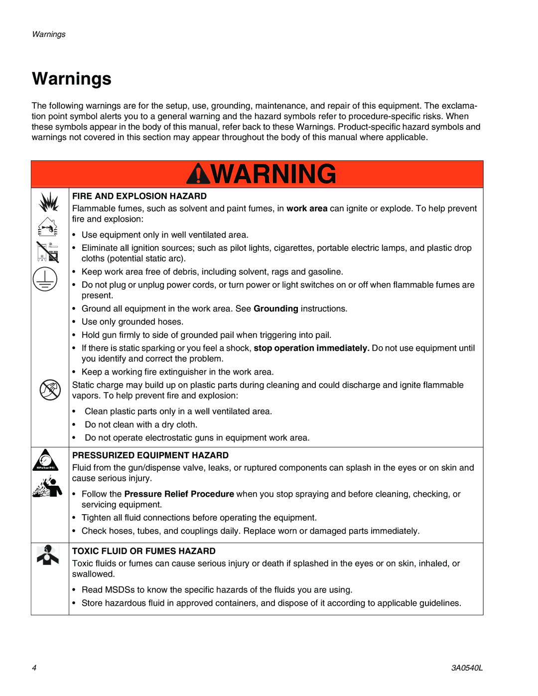 Graco 3000cc, 4000cc important safety instructions Fire and Explosion Hazard 