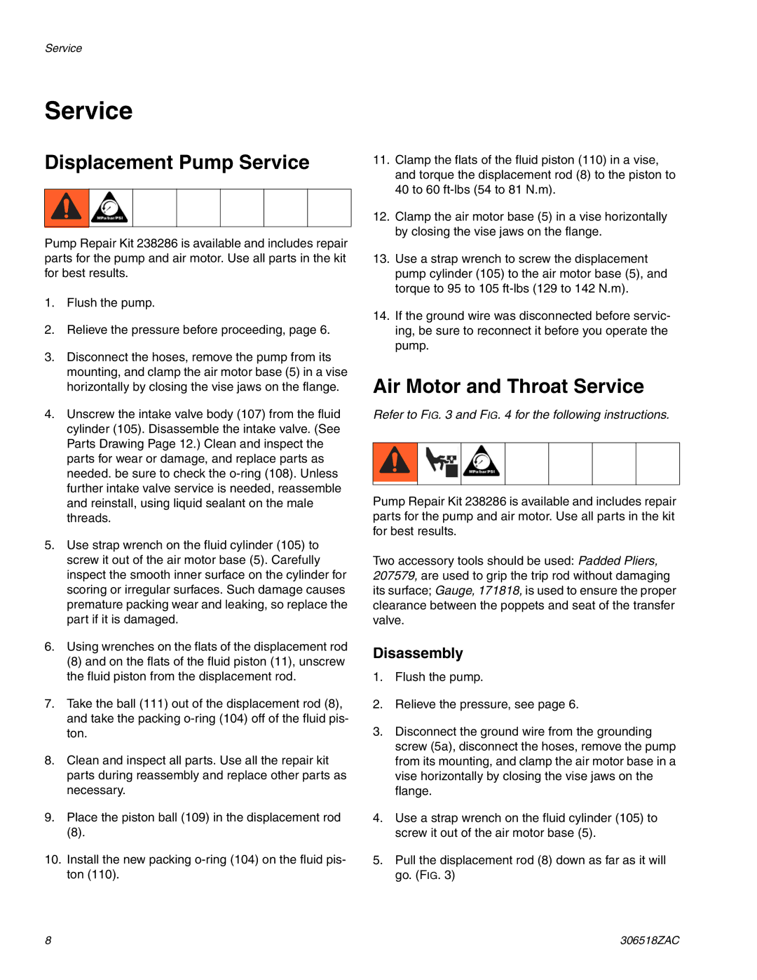 Graco 306518ZAC important safety instructions Displacement Pump Service, Air Motor and Throat Service 