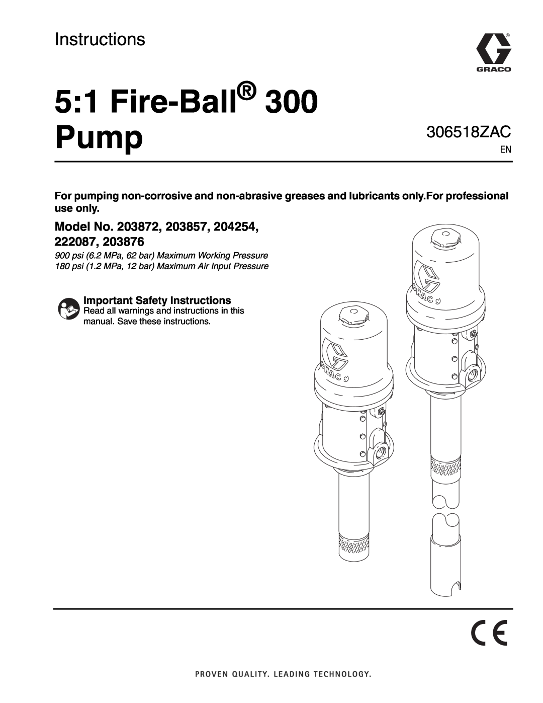Graco 306518ZAC important safety instructions Important Safety Instructions, 5 1 Fire-Ball 300 Pump, Model No. 203872 