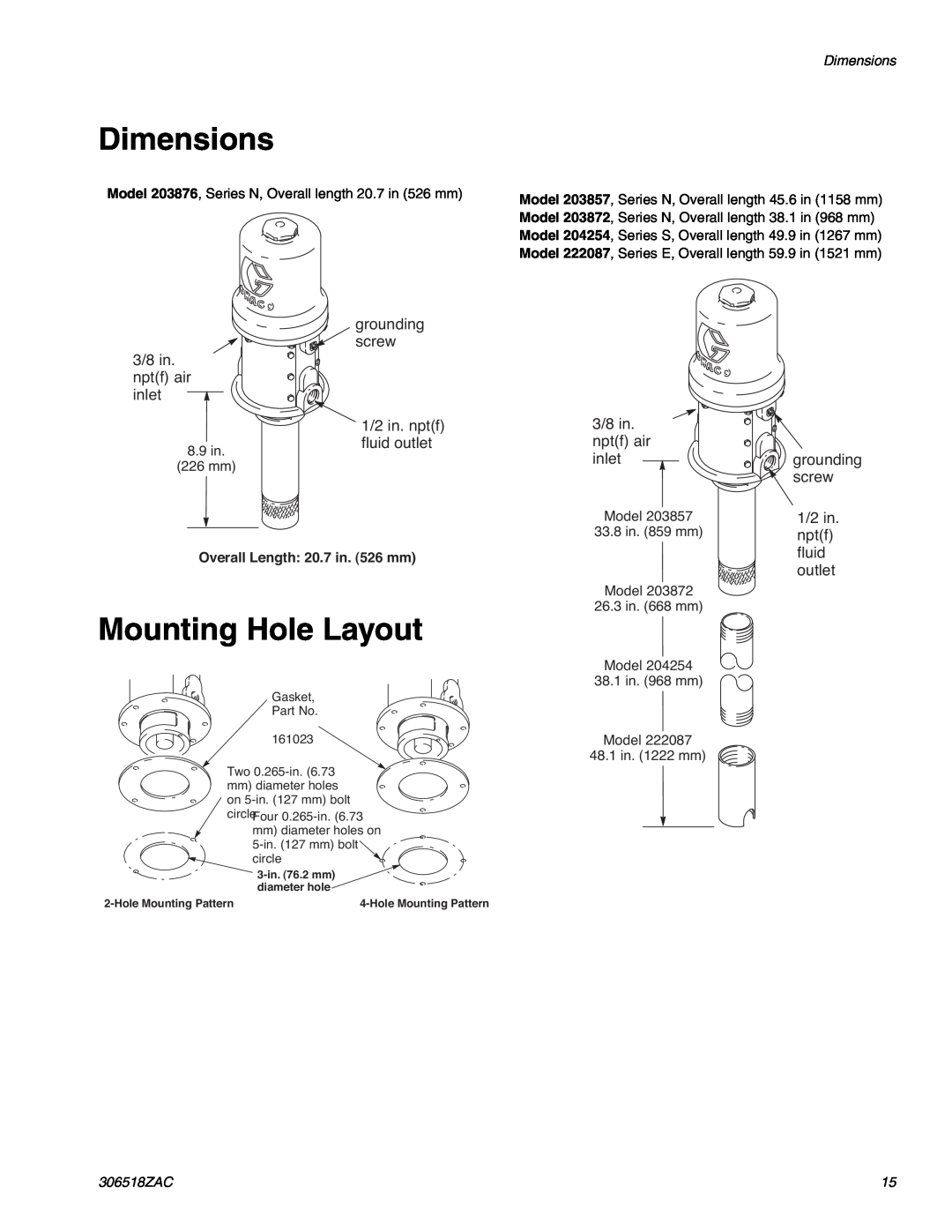 Graco 306518ZAC Dimensions, Mounting Hole Layout, 3/8 in. nptf air inlet, grounding screw 1/2 in. nptf fluid outlet 