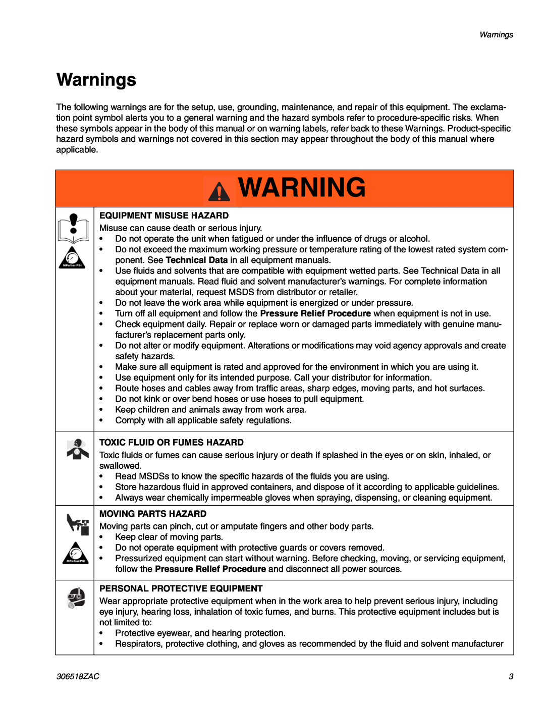 Graco 306518ZAC Warnings, Equipment Misuse Hazard, Toxic Fluid Or Fumes Hazard, Moving Parts Hazard 