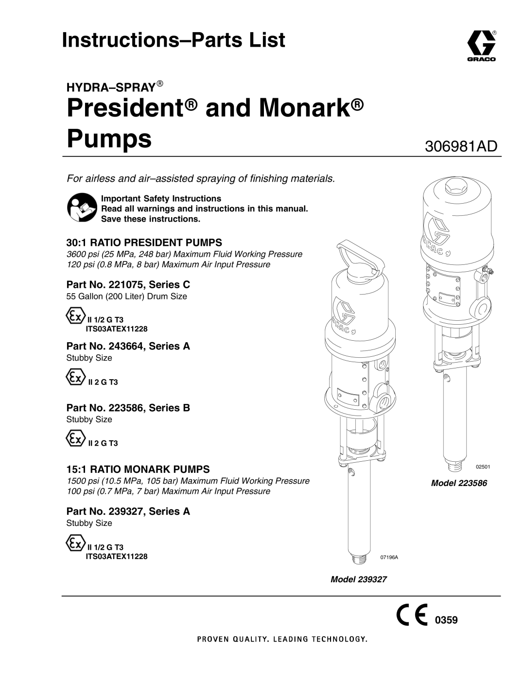 Graco 306981AD important safety instructions Instructions-Parts List, Ratio President Pumps, Ratio Monark Pumps 