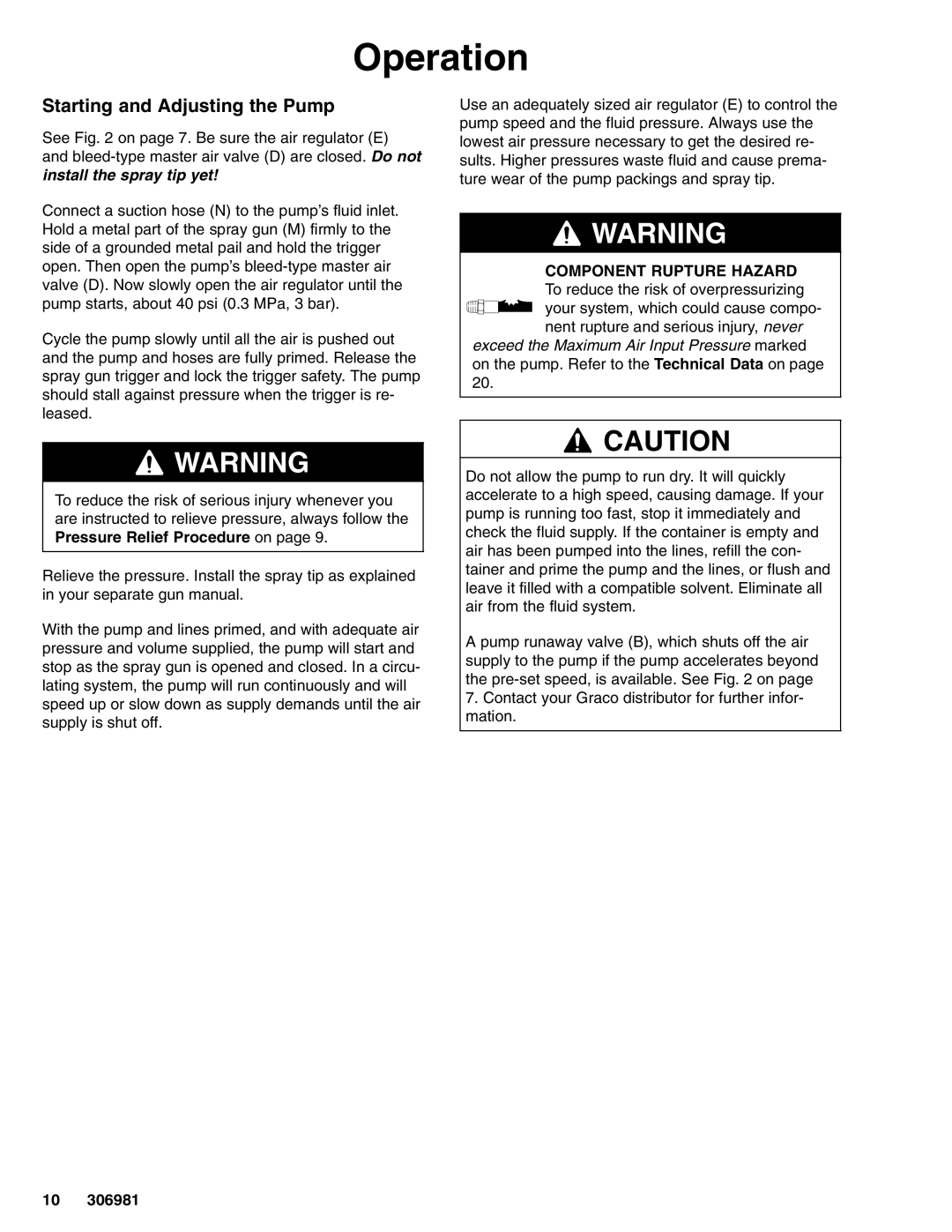 Graco 306981AD important safety instructions Starting and Adjusting the Pump 