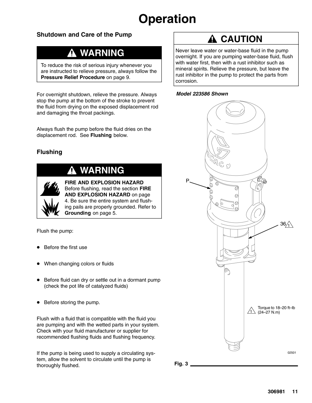 Graco 306981AD important safety instructions Shutdown and Care of the Pump, Flushing, Explosion Hazard on 