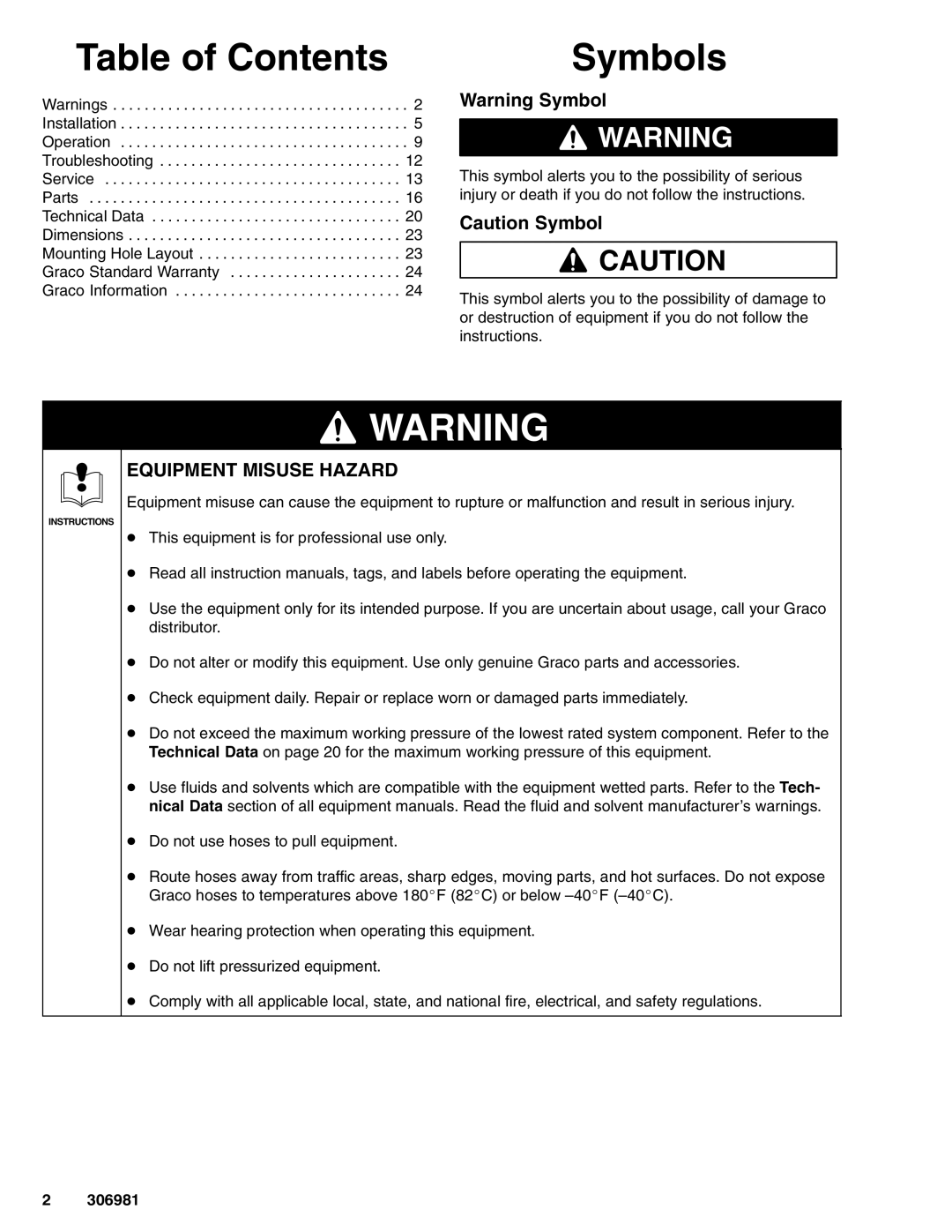 Graco 306981AD important safety instructions Table of Contents, Symbols 