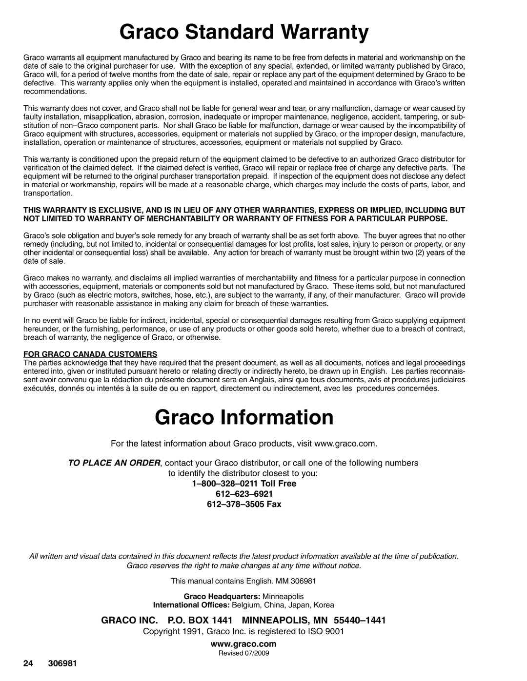 Graco 306981AD important safety instructions Graco Standard Warranty, Graco Information, Toll Free 