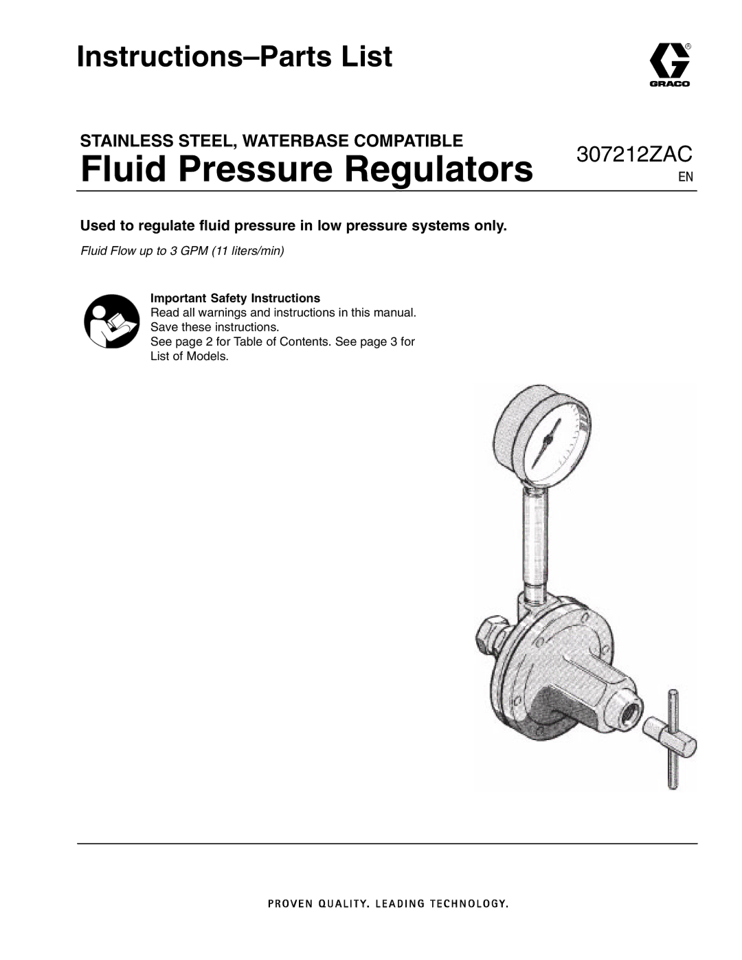 Graco 307212ZAC important safety instructions Instructions-Parts List, Important Safety Instructions 