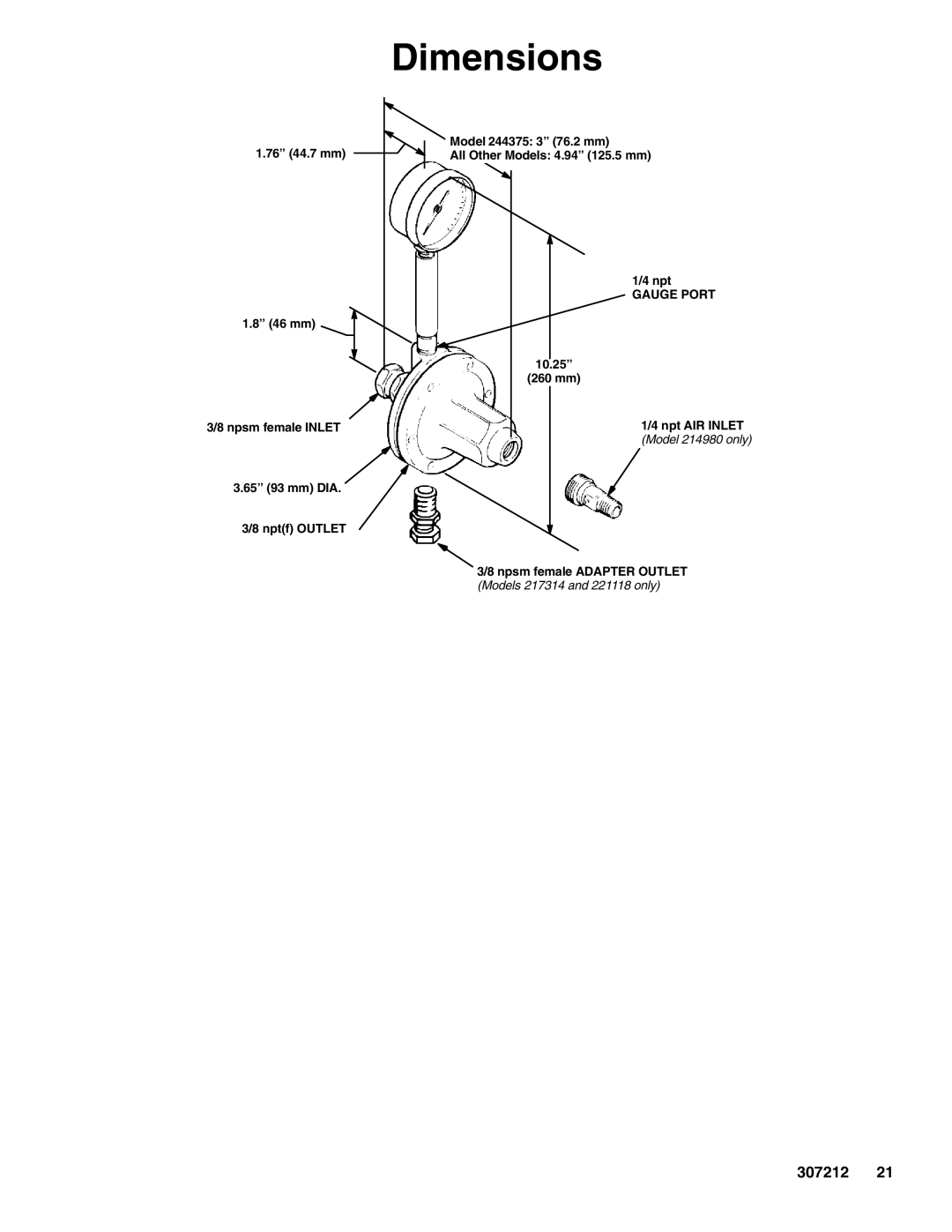 Graco 307212ZAC important safety instructions Dimensions, Gauge Port 