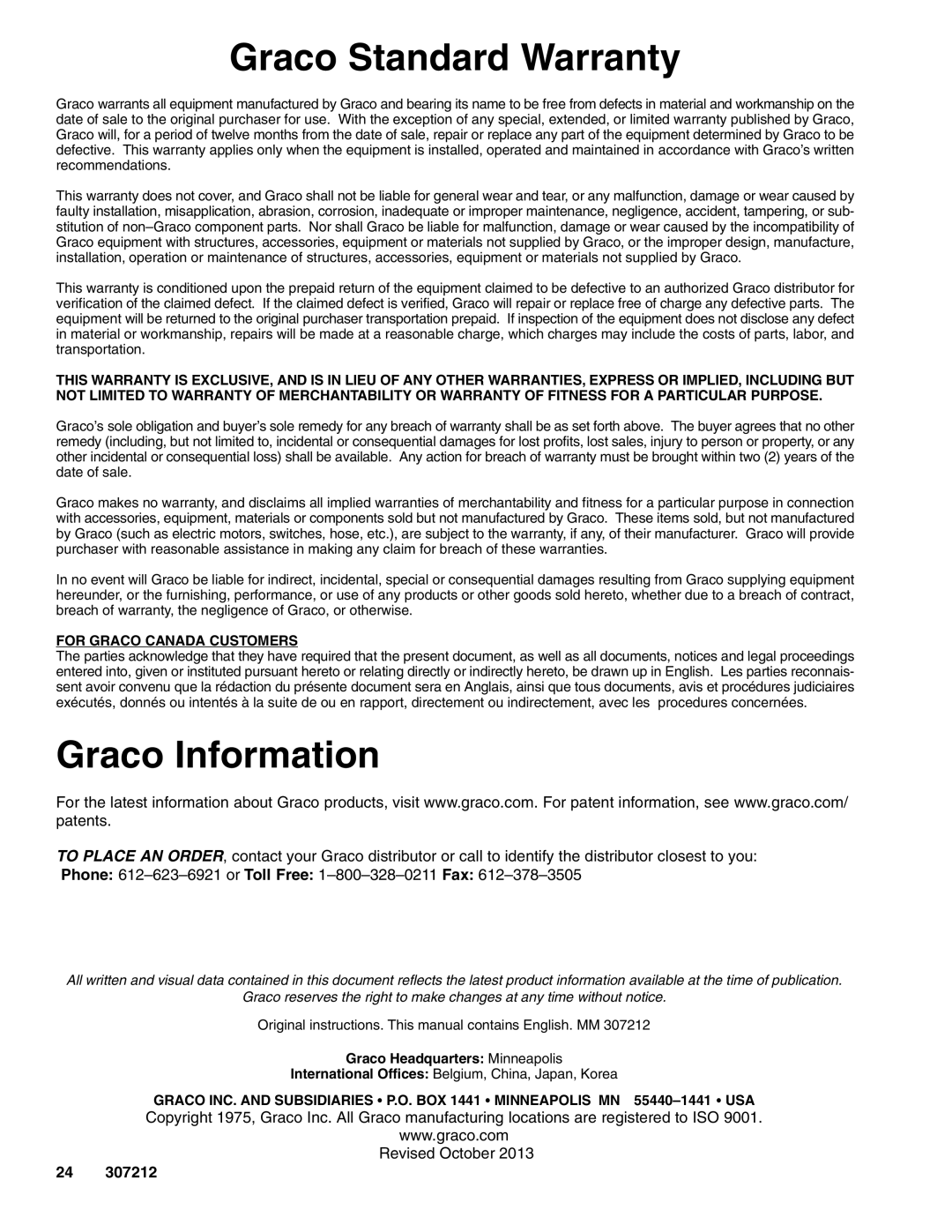 Graco 307212ZAC important safety instructions Graco Standard Warranty, Graco Information 