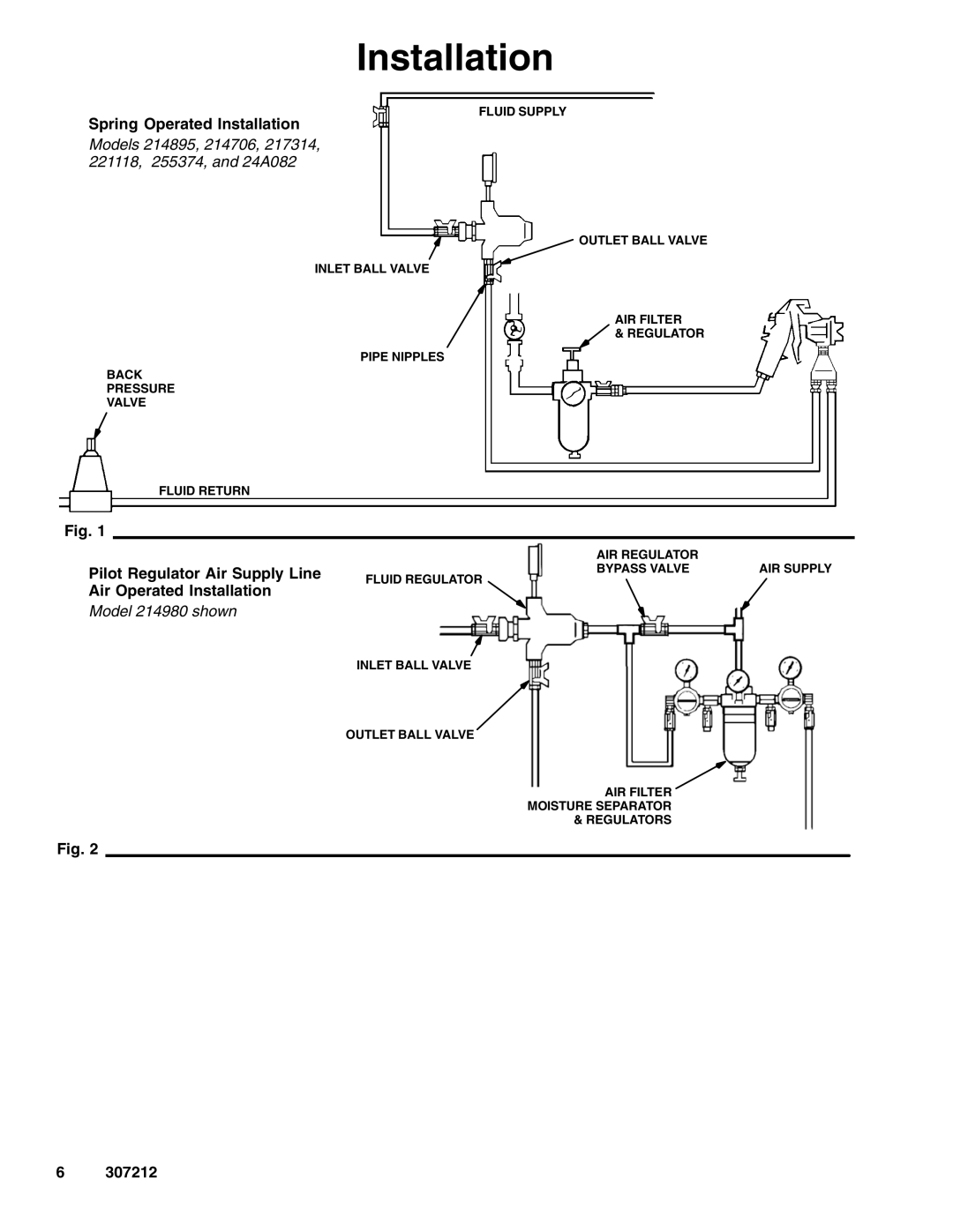 Graco 307212ZAC Spring Operated Installation, Pilot Regulator Air Supply Line Air Operated Installation 