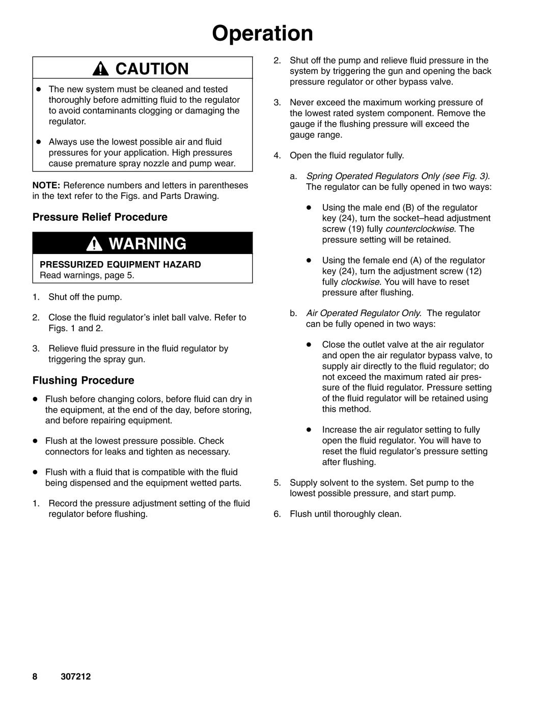 Graco 307212ZAC important safety instructions Operation, Pressure Relief Procedure, Flushing Procedure 