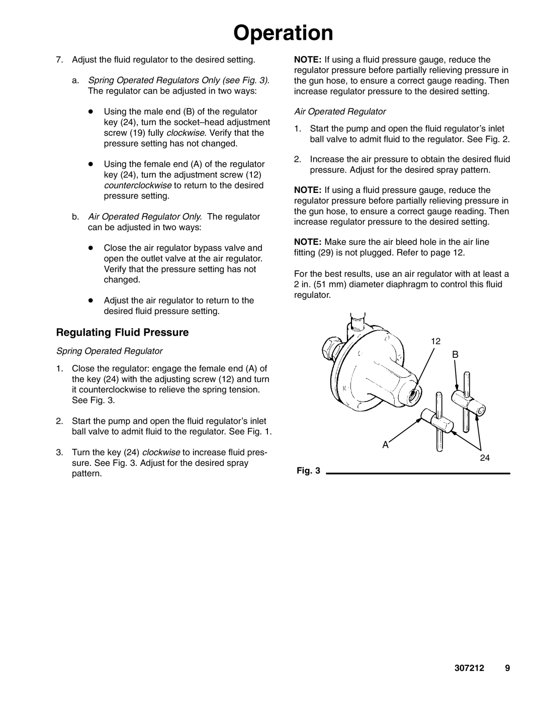 Graco 307212ZAC important safety instructions Regulating Fluid Pressure, Adjust the fluid regulator to the desired setting 