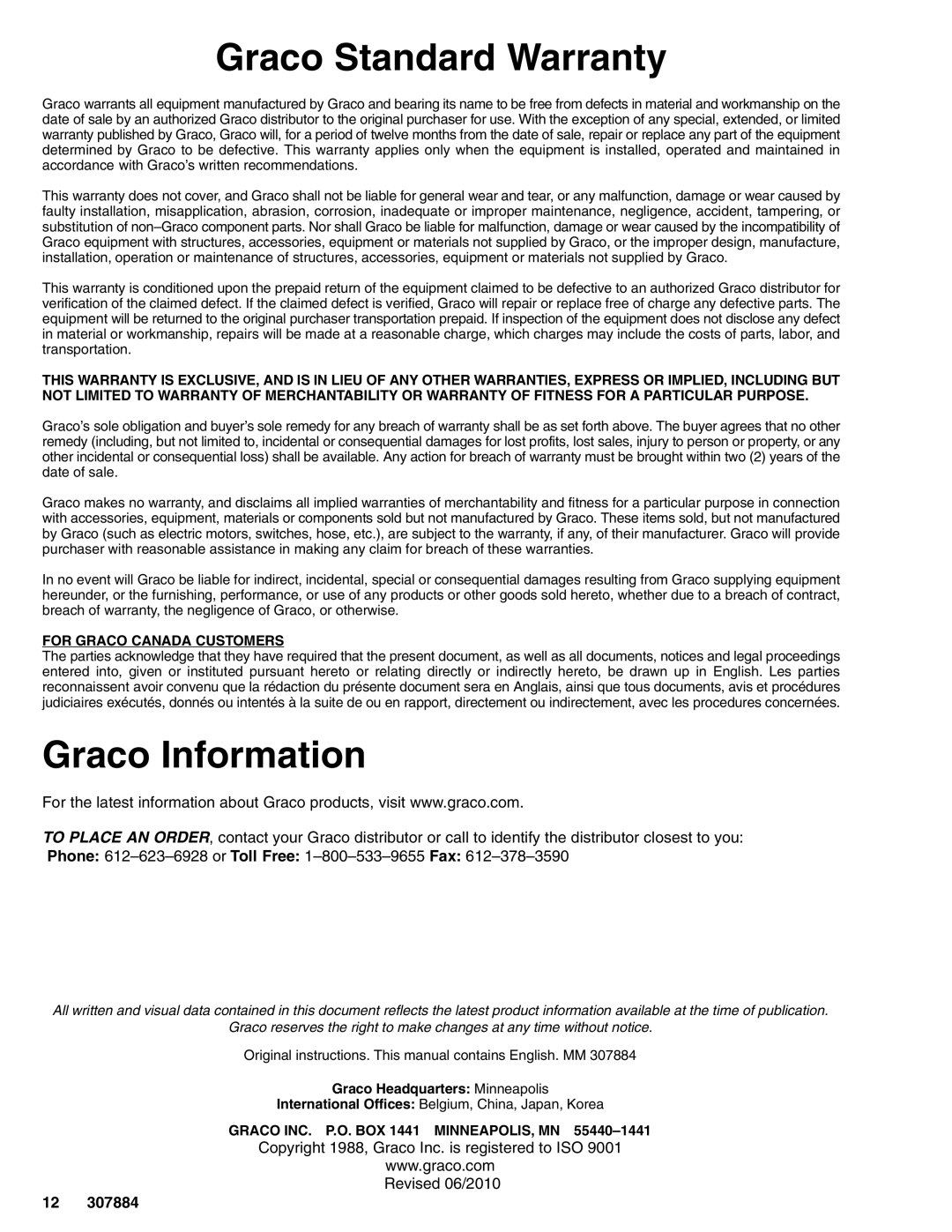 Graco 307884S important safety instructions Graco Standard Warranty, Graco Information 