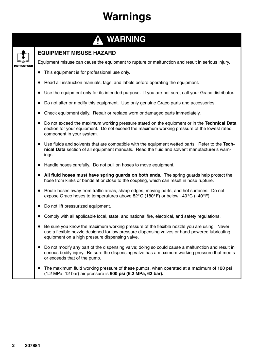 Graco 307884S important safety instructions Equipment Misuse Hazard 