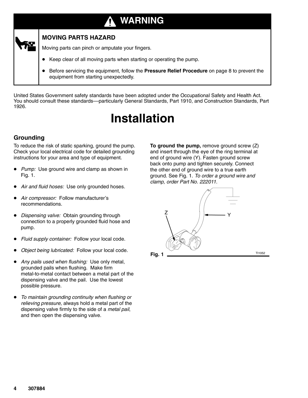 Graco 307884S important safety instructions Installation, Moving Parts Hazard, Grounding 