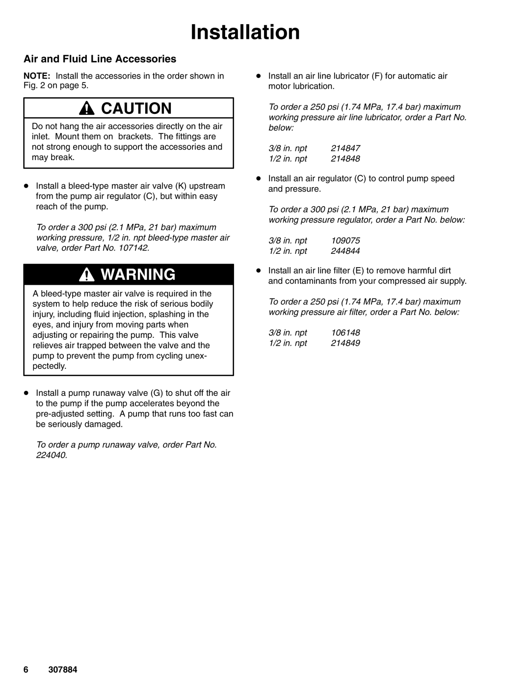 Graco 307884S important safety instructions Air and Fluid Line Accessories 