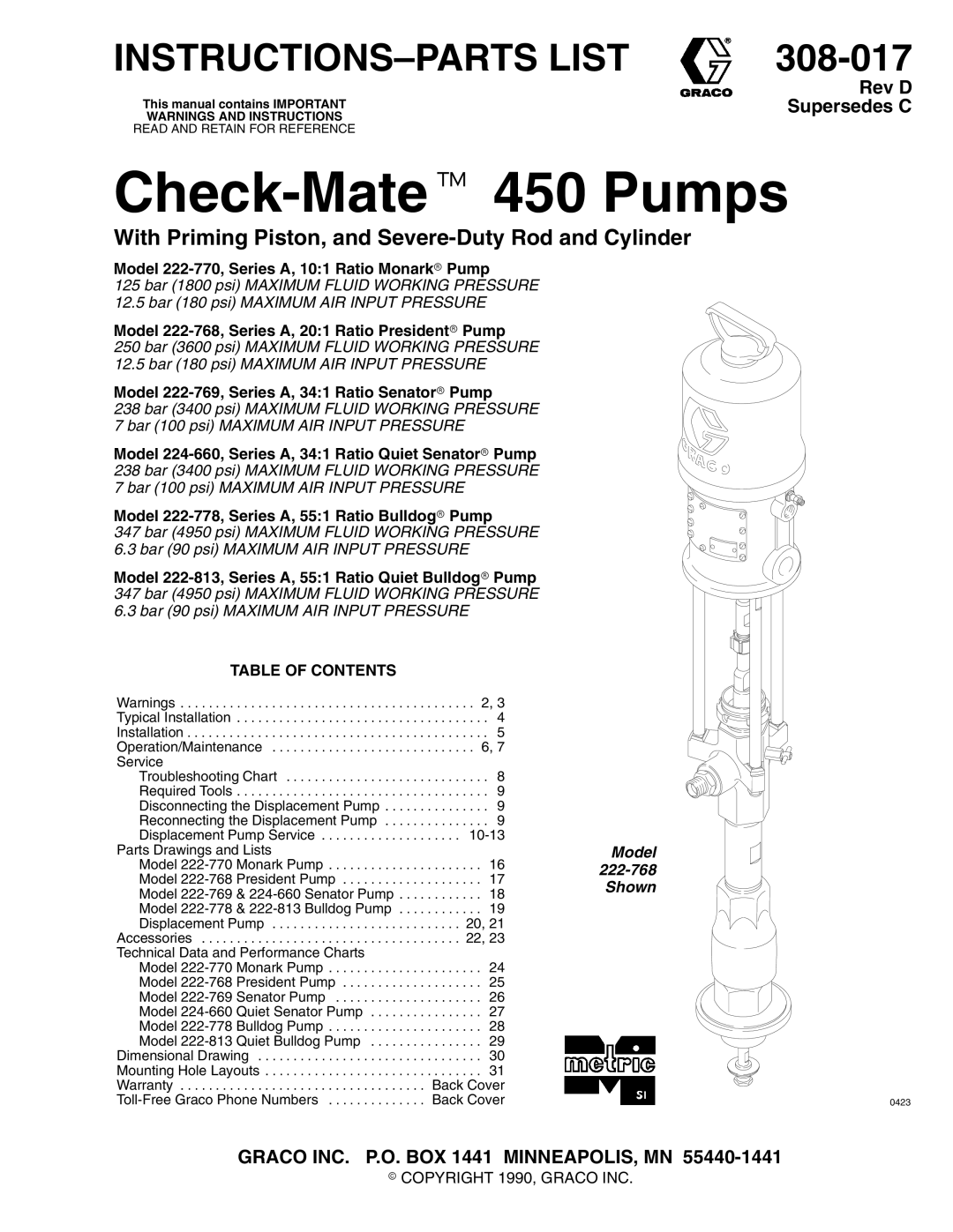 Graco 308-017 warranty INSTRUCTIONS-PARTS List, Table of Contents 