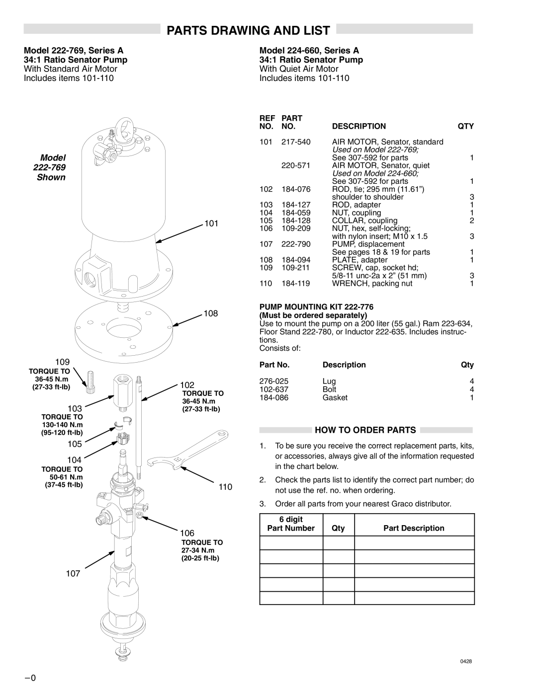 Graco 308-017 warranty Model 222-769 Shown 