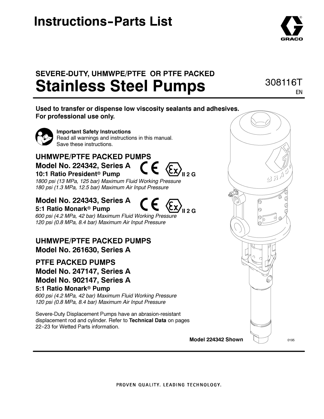 Graco 308116T important safety instructions Instructions--Parts List, Ratio Presidentr Pump, Ratio Monarkr Pump 